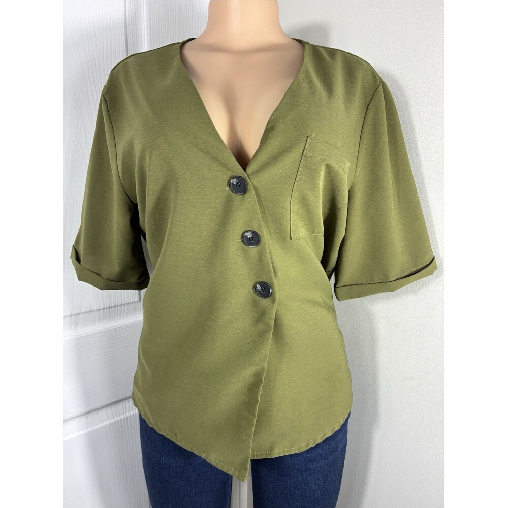 SHEIN  Blouse Sz M Olive green short sleeve button-up Asymmetrical tunic blouse